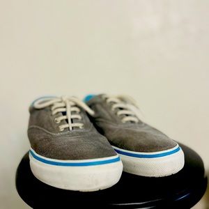 Sperry Topsider boat shoes, gray and white, good condition.